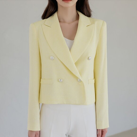 NWT Ode Butter Yellow Tweed Silver Button Cropped Light Blazer - Picture 1 of 8